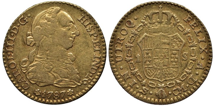 Spain Spanish golden coin 1 one escudo 1787, bust of ruler King Carl III right, crowned shield with designs divides value, order chain surrounds, 