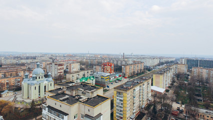 Fototapeta premium Aerial view of city, church, park, road from a bird's eye view. Ukraine Ternopil
