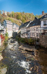 Picturesque timber framed houses along the Rur River in the historic center of Monschau, Aachen,...