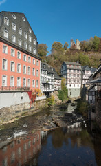 Picturesque timber framed houses along the Rur River in the historic center of Monschau, Aachen, Germany