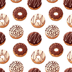 Pattern of vector colorful illustrations on the sweets theme; set of different kinds of glazed donuts decorated with toppings. Realistic isolated objects for your design.