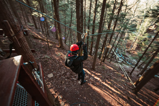 A young man zip lines through the forest in upstate New York