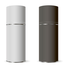 Deodorant spray bottle set. 3d Vector cosmetic pack of aerosol tube with cap in black and white colors. EPS10