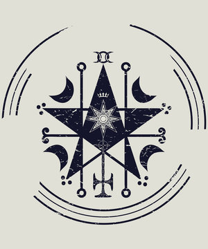 Ceremonial magic sigil with a satanic pentagram vector illustration. Ritual High Magic Circle Pentagram sigil or seal modern imitation. Demonology icon.