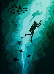 Fototapeta na wymiar Coral reef and Underwater, Divers and fish algae on blue sea background