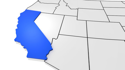 California state highlighted in blue on 3D map of the United States