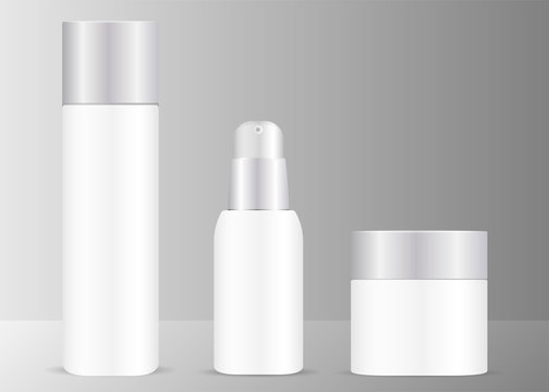 White cosmetics set with silver lids. Bottles for toner, serum and cream jar. Isolated vector illustration. EPS10 format.
