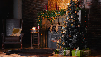 Christmas Room Interior Design, Xmas Tree Decorated By Lights Presents Gifts Toys, Candles And Garland Lighting Indoors Fireplace