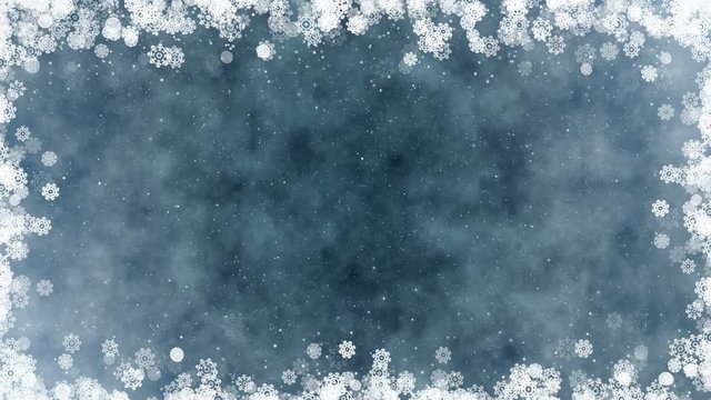 New year frame background. Christmas greeting video card with glowing snowflakes, stars and snow. Seamless loop abstract winter animation.