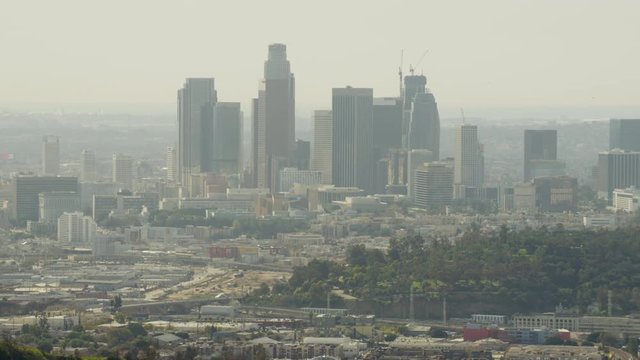 Aerial view of city buildings downtown Los Angeles at sunrise