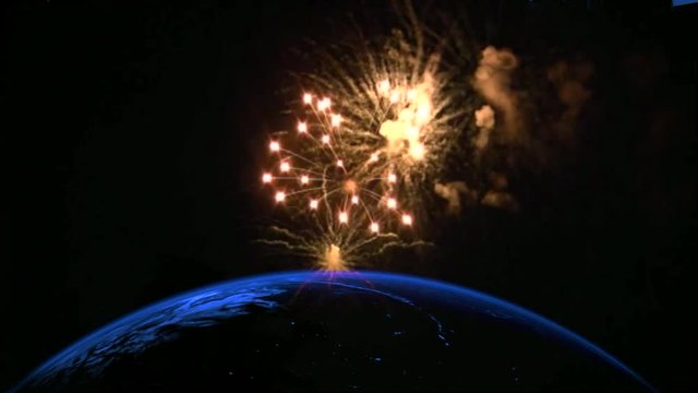  アニメーション惑星地球の花火、幸せな新しい年2019宇宙に出てくる近代、3Dのタイトルと抽象的なレンダリングの背景。 4Kスローカメラ