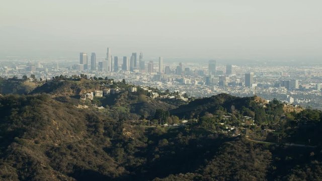 Aerial view from Hollywood Hills of Los Angeles city skyline California