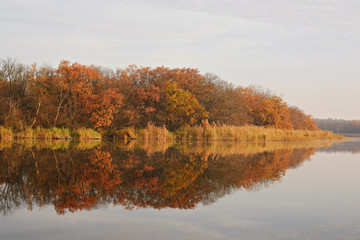 colorful autumn trees reflected at the lake water