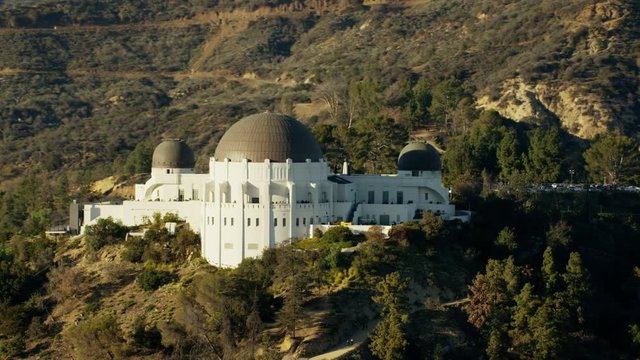 Aerial view of Griffith Observatory and suburbs in California Hills