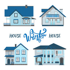 Winter at home. Cottages, villas, houses. Blue. Isolated image. Flat image