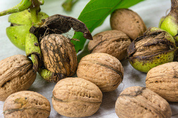 Fresh walnuts with leaves, garden harvest, healthy food.