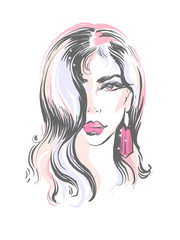 Beautiful girl with pink lips and earring hairstyle icon fashion illustration