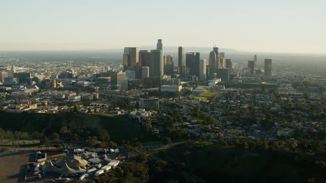 Aerial sunset view of Los Angeles Dodgers Baseball Stadium USA