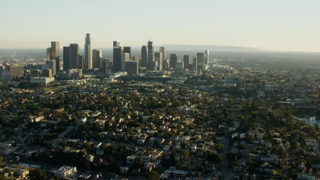 Aerial sunset view of skyline downtown Los Angeles California