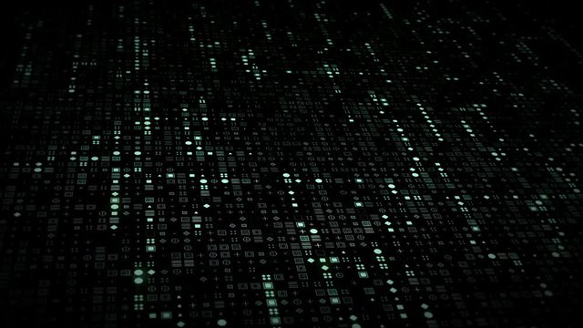 Bright glowing computer symbols appear on stream grid in futuristic big data information technology concept. Dark cyberspace internet or cryptocurrency blockchain network background. 4K 3D animation
