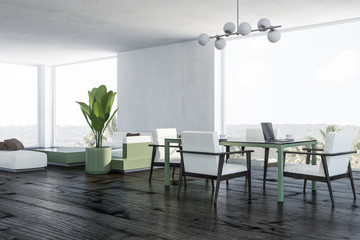 White dining room corner, white armchairs