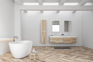 Naklejka na ściany i meble White bathroom interior, tub and sink side view