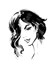 Beautiful girl portrait. Bob hairstyle. Vector. Black and white fashion illustration with sparkles