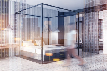 Light wooden bedroom corner, woman