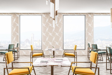 Beige cafe interior, chairs and sofa