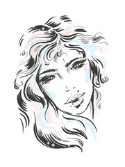Fashion illustration. Portrait of a young beautiful Vector girl. Sketch model of Beauty face