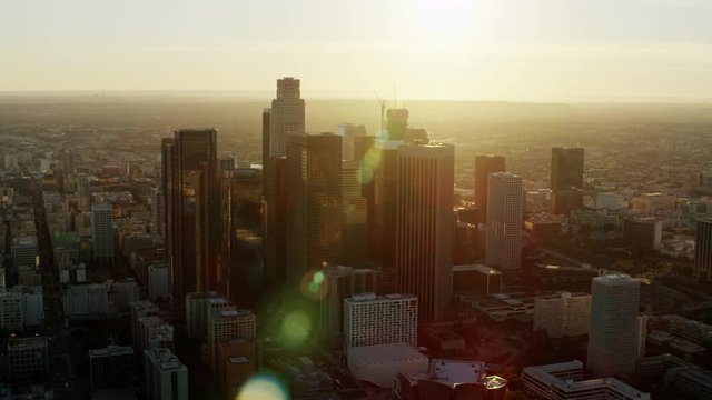 Aerial view at sunset of Bank of America building downtown Los Angeles