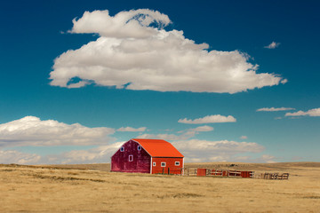 Fototapeta na wymiar Red barn in field with puffy clouds in remote Oklahoma