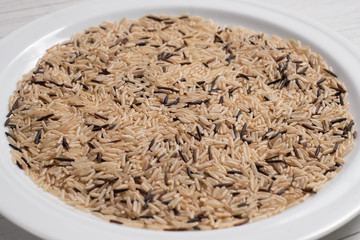 A mixture of wild and unpolished rice on a white plate