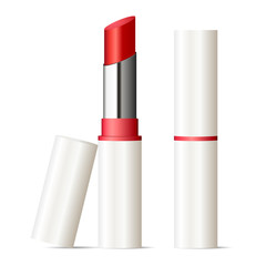 Trendy lipstick mock up set. Makeup cosmetic ads. Vector illustration. Sexy red color.