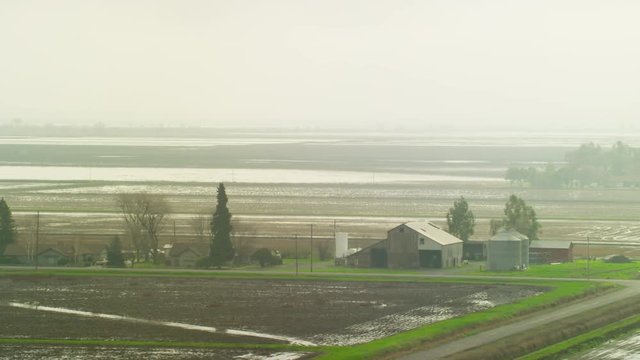 Aerial view of cultivated rice growing fields Sutter Northern California