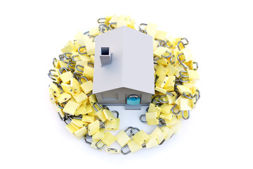 A house surrounded by padlocks on a white background