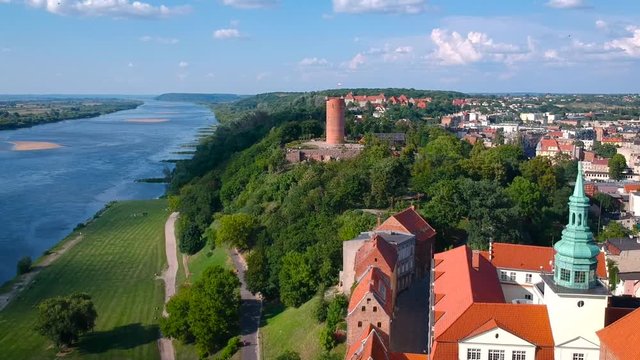 Aerial view of Grudziadz at Wisla river in Poland