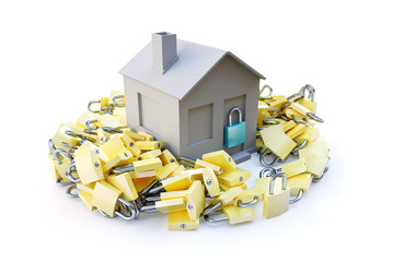 A house surrounded by padlocks on a white background