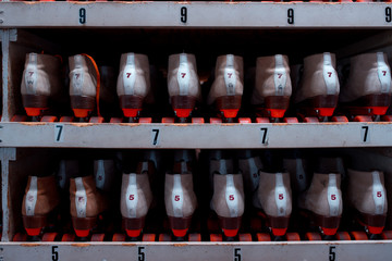 Roller skates sitting on shelves