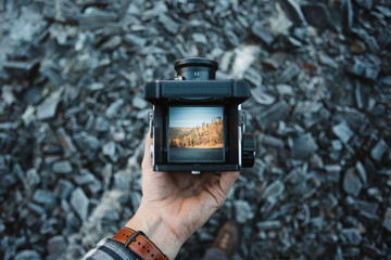 Waist level viewfinder of medium format camera.