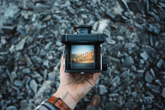 Waist level viewfinder of medium format camera.