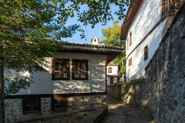 Fototapeta na wymiar Typical street and houses from the period of Bulgarian revival in old town of Blagoevgrad, Bulgaria