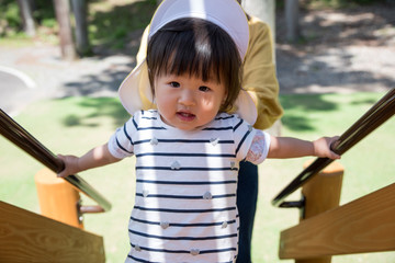 Children climbing stairs of playground equipment