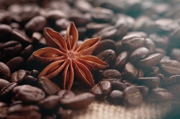 Aromatic roasted coffee beans and anis or badian background close up