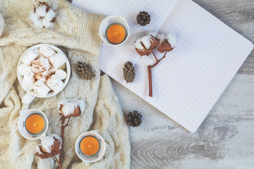 Top view composition with cup of coffee and marshmallow, pumpkin, candles, cotton plant flower branches, notepad and copy space