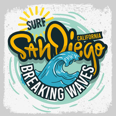 San Diego California  Surfing Surf  Design  Hand Drawn Lettering Type Logo Sign Label for Promotion Ads t shirt or sticker Poster Vector Image