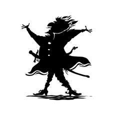 Black silhouette of a man with sword and medieval dress, waving hands up.