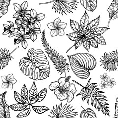 Seamless pattern of hand drawn sketch style flowers and plants isolated on white background. Vector illustration.