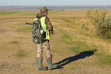 Naklejka premium Hunter with a german drathaar and spaniel, pigeon hunting with dogs in reflective vests 
