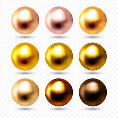 Rose, pink, white gold, copper and bronze spheres isolated on transparent background, Vector illustration.